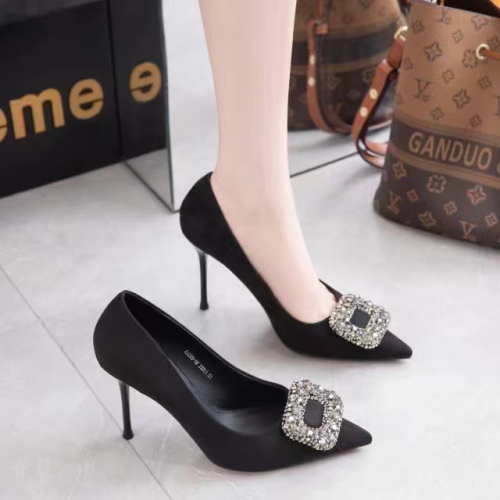 Xiangchen 2023 Autumn New Black Square Buckle Rhinestone Pointed-Toe Stiletto Shoes Socialite High Heels Elegant Work Shoes
