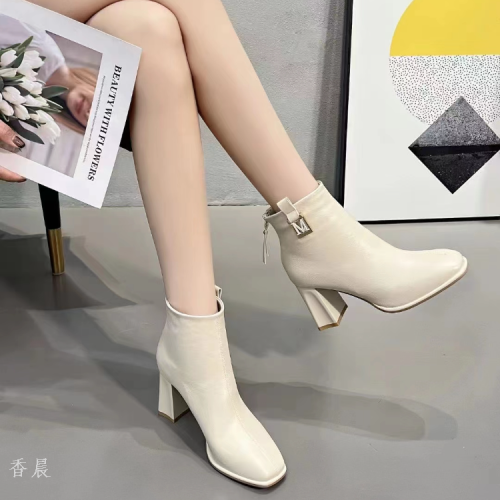xiangchen white high-heeled short boots for women 2023 new popular boots this year skinny boots chunky heel autumn and winter high heels