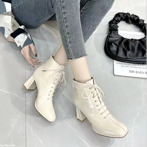 xiangchen chunky heel short boots for women 2023 autumn and winter new square toe martin boots lace-up korean style versatile mid heel british style shoes