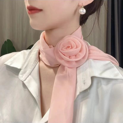 pure color rose flower thin silk scarf elegant fashion all-matching women