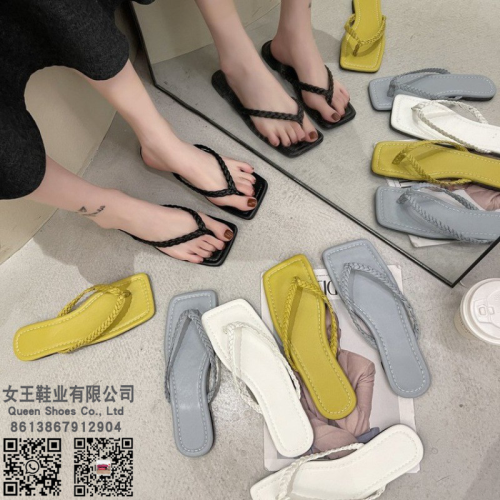hand-woven women‘s sandals summer solid color toe baring sandal flat square head flip flops slipper
