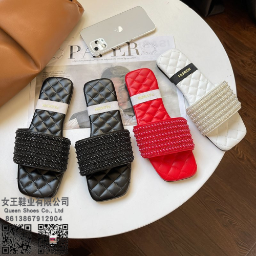 korean style flat slippers women‘s square toe fashion sandals spring and summer new pearl slippers foreign trade large size