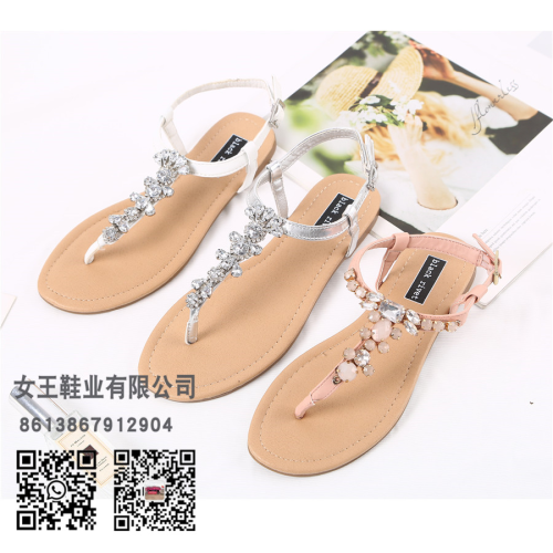 Women‘s Fashion Rhinestone European and American Sandals TPR Flat Bottom Flip-Flops Breathable Women‘s Sandals Women‘s Shoes Flat Sandals