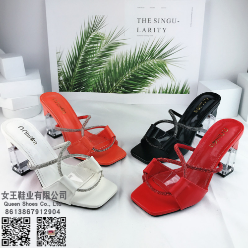 summer high heel women‘s sandals european and american large size square toe crystal heel women‘s slippers heels slipper