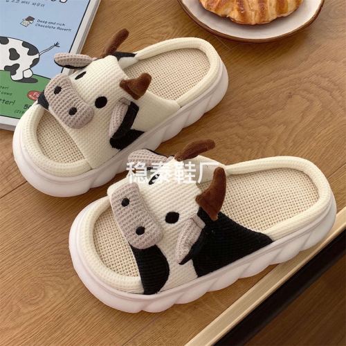 women‘s thick-soled cotton and linen slippers for four seasons home summer cute cartoon dairy cattle cartoon linen and cotton slippers