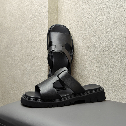 一件代发夏季休闲外穿真皮拖鞋男松糕厚底透气露趾一字拖头层牛皮