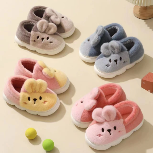 Cotton Slippers Women‘s Thick Bottom Full Heel Wrap Home Cute Plush Rabbit Slippers Winter Thickened Warm Medium Children‘s Cotton Shoes Outer Wear