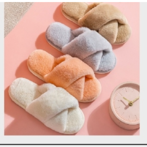 new cross-border european and american indoor plush cross fluffy slippers women‘s cute simple home warm flat cotton slippers