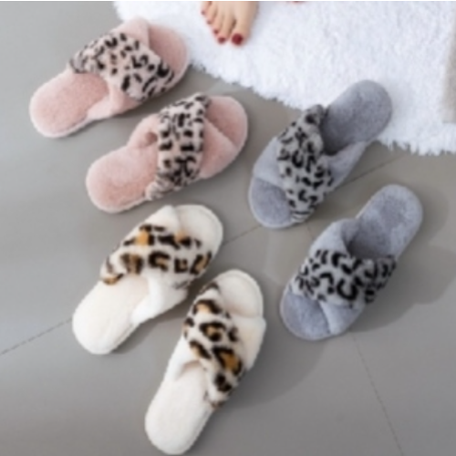 new cross-border home leopard cross fluffy slippers female european and american ins style breathable plush floor cotton slippers female