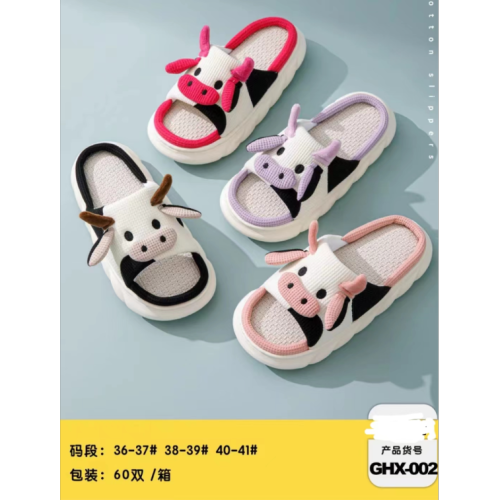 2024 new four seasons universal interior home cotton and linen slippers cute cartoon dairy cattle linen slippers non-slip