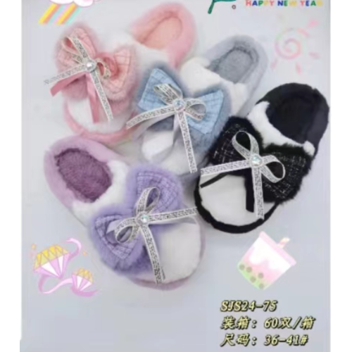 autumn and winter simple new bow plush slippers women‘s home non-slip flat shoes warm woolen slippers foreign trade wholesale