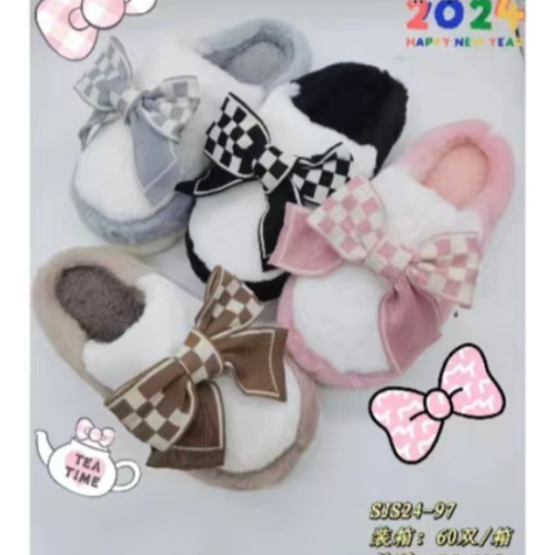 cotton slippers women‘s winter cute bow household indoor warm non-slip cartoon velvet slippers autumn and winter