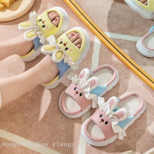feeling of stepping on shit four seasons cute rabbit linen slippers women‘s indoor non-slip sweat-absorbent cotton linen spring and autumn slippers