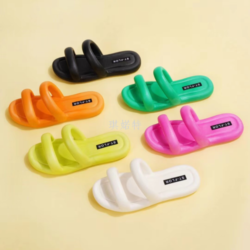 foreign trade pvc new dopamine color matching one-word slippers women‘s ft non-slip summer slippers factory in sto