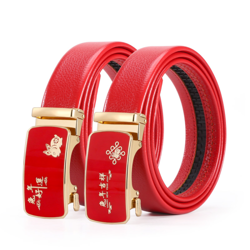 new chinese red men‘s leather belt rabbit fu year of birth red belt leisure young and middle-aged pant belt factory wholesale