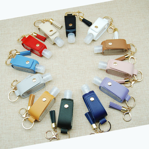 跨境热销30ml分装塑料瓶PU皮套多色便携免洗洗手液皮套钥匙扣神器