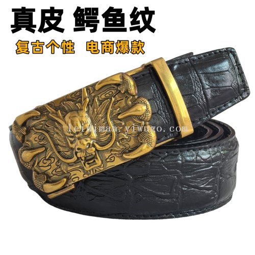 厂家批发百搭鳄鱼皮带男士自动扣真皮带腰带纯牛皮加长大腰围裤带