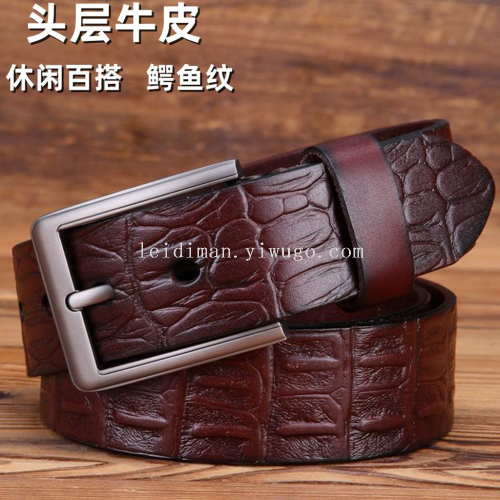 Guangzhou First Layer Cow Leather Belt Men‘s Retro Pin Buckle Genuine Leather Crocodile Pattern Cowhide Belt Factory Wholesale Spot