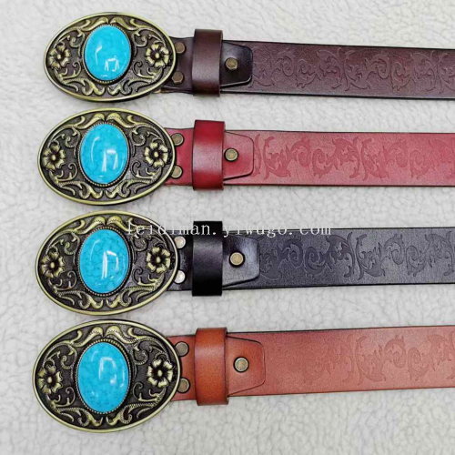 新款真皮皮带西部牛仔款压花头层牛皮腰带时尚欧美百搭款裤带牛皮