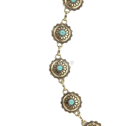 Silver Metal Waist Chain Fashion Vintage Bohemian Ethnic Style Oval Turquoise Decorative Dress Women‘s Belt