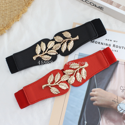 golden leaves a pair of buckles elastic waistband belt women‘s dress all-match decorative thin elastic waist seal