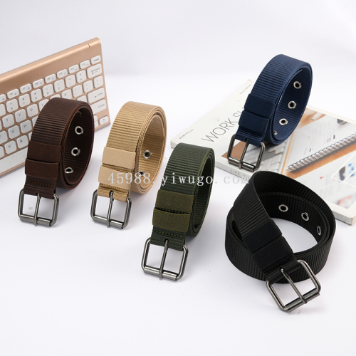 pin buckle canvas belt eyelet solid color nylon men‘s round hole woven belt lengthen and thicken stall knitted belt