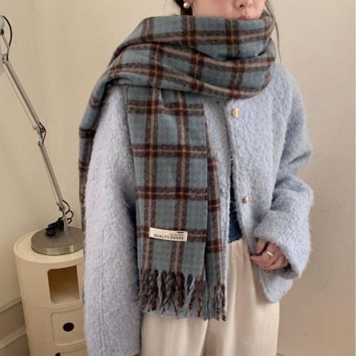 新款韩版格子冬季围巾女百搭披肩女外搭流苏保暖围脖工厂ins几何