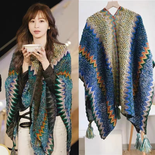 online celebrity ethnic style shawl women‘s dual-use air conditioning cloak wool knitted handmade tassel pendant cloak travel