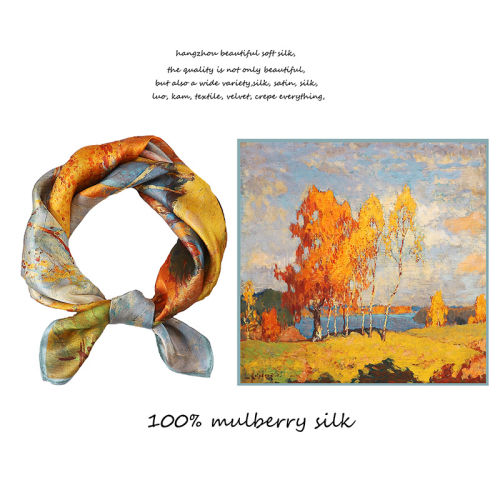 silk kerchief women‘s spring and autumn pastoral oil painting floral arm bag small silk scarf 100% mulberry silk printed scarf 53*53