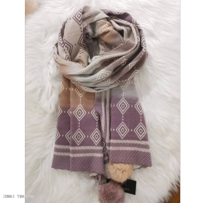 Artificial Cashmere Scarf Women's Winter Cute Girl Korean Style All-Matching Long Geometric Plaid Ribbon Fur Ball Warm Shawl