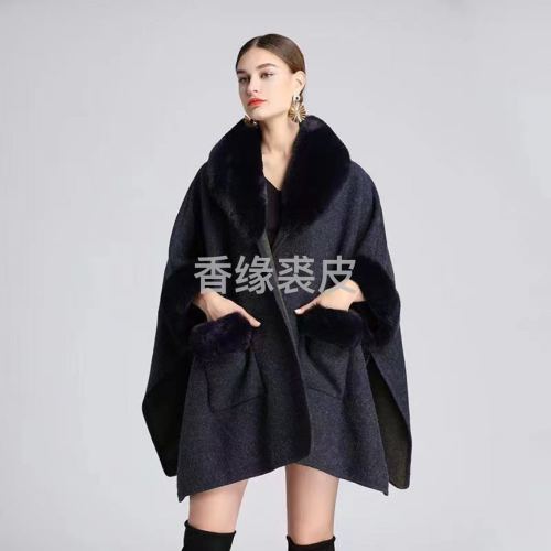 european and american autumn and winter new imitation rex rabbit fur collar shawl cape plus size loose woolen coat cardigan for women