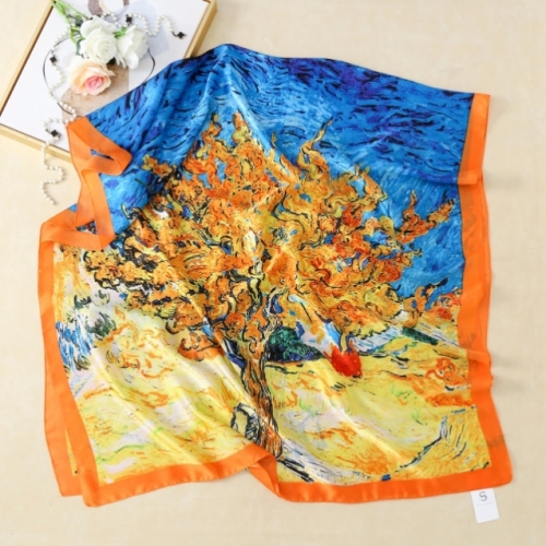 Korean Style Spring and Summer New Oil Painting New Silk Forging Imitated Silk Scarves Women‘s Shawl Sunscreen Beach Towel in Stock Wholesale