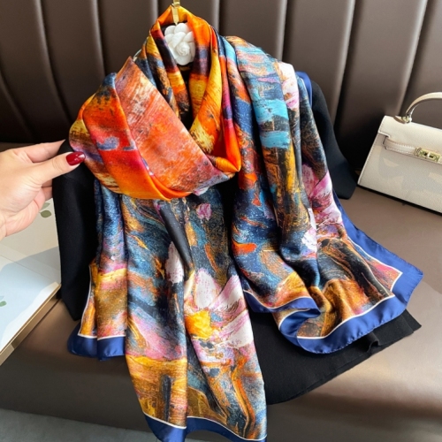 2023 New Li Jin Forging Scarf Oil Painting Chinese Style Printed Silk Scarf Satin Imitated Silk Scarves Temperament Shawl