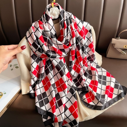 2023 new brocade forged long scarf geometric plaid printed silk scarf satin artificial silk scarf shawl factory direct supply