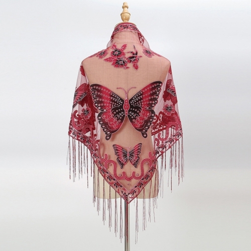 new butterfly printed triangle scarf solid color hollow lace tassel embroidered triangle shawl scarf for women