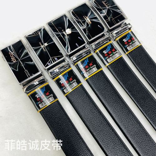 feihaocheng bright surface iron buckle with automatic belt leather belt supermarket hot selling product