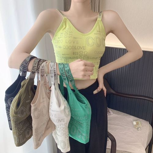 american hot girl strap rhinestone tube top padded short leaking navel vest outer wear fashion beauty back bottoming top