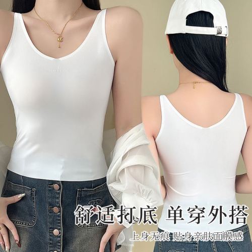 ice silk camisole female summer new knitwear v-neck inner match belly-covering shirt versatile slimming top outerwear