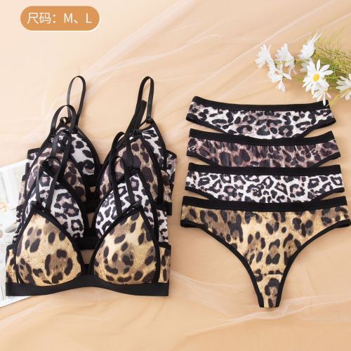 foreign trade european and american character leopard print bra set pure desire ice silk girl triangle cup wireless underwear low waist panties