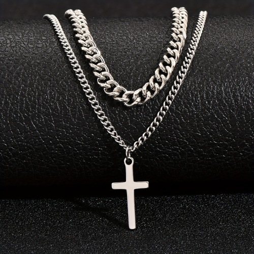 cross-border hot selling titanium steel double layer cross pendant necklace men‘s keel chain hemp flowers chain basketball chain amazon same style