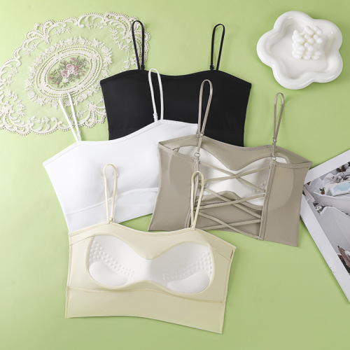 冰丝无痕细肩带内衣聚拢加厚小胸显大交叉美背吊带背心抹胸打底