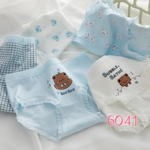 Japanese Style Simple Cloud Water Blue Coffee Cute Bear Girl‘s Underwear Women‘s Underwear Cotton Crotch Middle High Waist Student Briefs Boxed