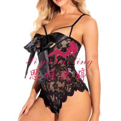 Foreign Trade Special Sexy Lingerie Women's Sexy Lace Bow Tights Jumpsuit Seductive Uniform Open-End Suit