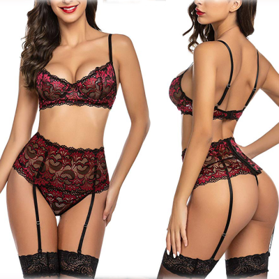 New European and American Foreign Trade Wholesale Lace Sexy Lingerie Women's Clothing See-through Sexy Lingerie Three-Piece Set Wholesale