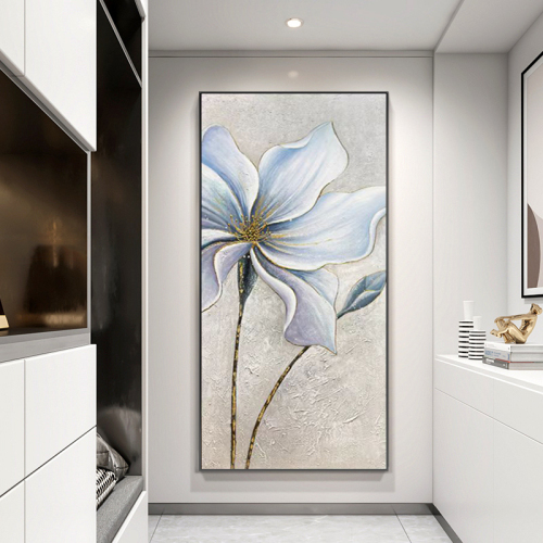 入户进门墙挂画现代简约立体花卉玄关装饰画过道走廊竖版手绘油画