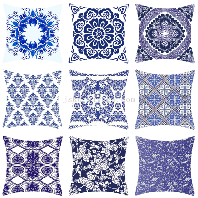 Chinese Style Blue and White Geometric Pattern Short Plush Pillow Cover Car Waist Pad Cushion Cover Amazon Hot Home