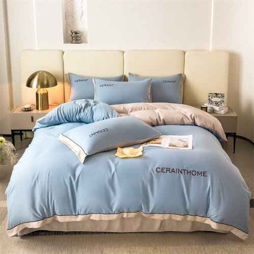 出口跨境日式床笠暖绒磨毛刺绣三拼边台湾床包四件套床单被套批发