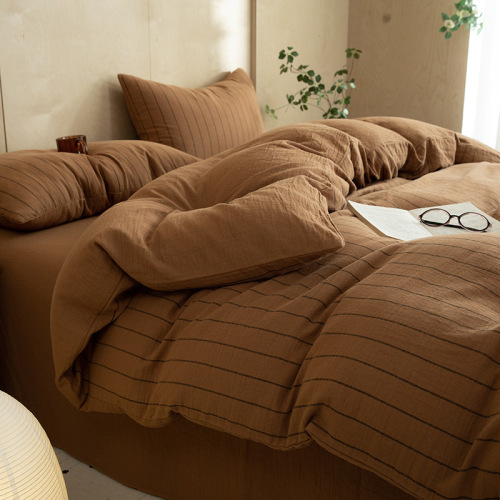 轻奢简约咖色条纹全棉双层纱四件套纯棉纱布床单被套三件套高级感