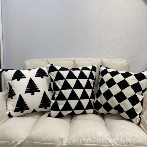 黑白格子抱枕套全棉刺绣棋盘格圣诞树抱枕套客厅靠枕令水家纺工厂