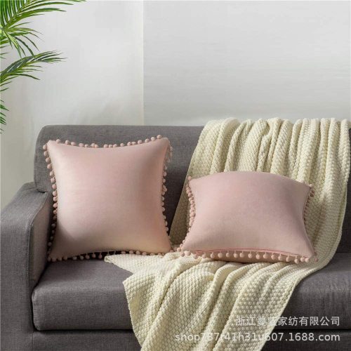 纯色法兰绒毛球抱枕套沙发靠垫亚马逊跨境令水家纺工厂